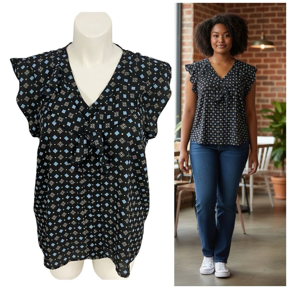 Liz Claiborne Top Womens XXL Blouse Blue Ruffle Work Officecore Business Church